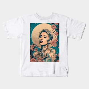 Vintage Rose Blossoms Japanese Woodblock Maple Streetwear Hipster Asian Inspired Retro Manga Samurai Canna Lily Kids T-Shirt